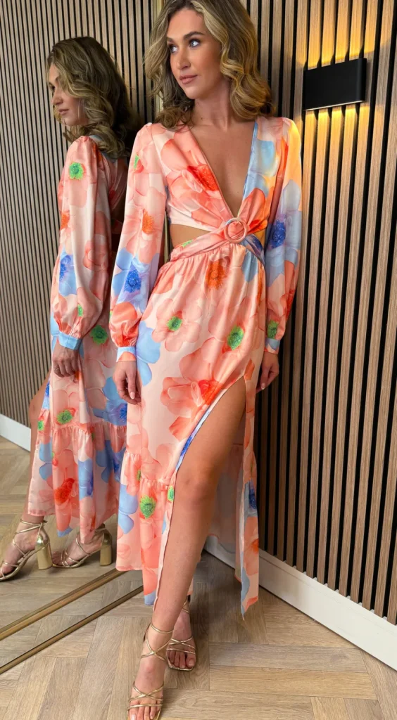 ELENZA Going Out Dresses | Midi Dresses^Christine Orange Floral Printed Cut Out Detail Midi Dress