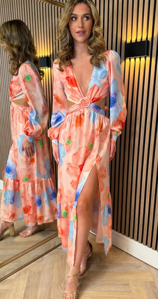 ELENZA Going Out Dresses | Midi Dresses^Christine Orange Floral Printed Cut Out Detail Midi Dress