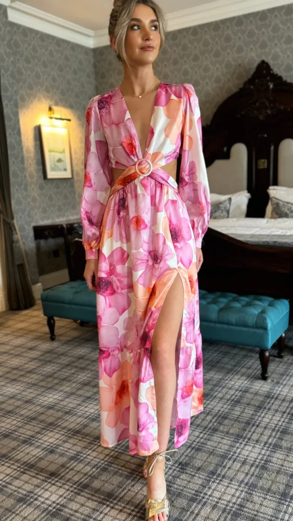 ELENZA Going Out Dresses | Occasion Dresses^Christine Pink Floral Printed Cut Out Detail Midi Dress