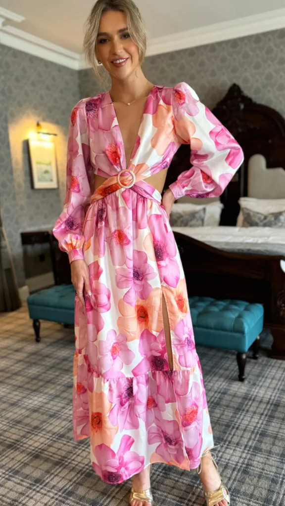 ELENZA Going Out Dresses | Occasion Dresses^Christine Pink Floral Printed Cut Out Detail Midi Dress