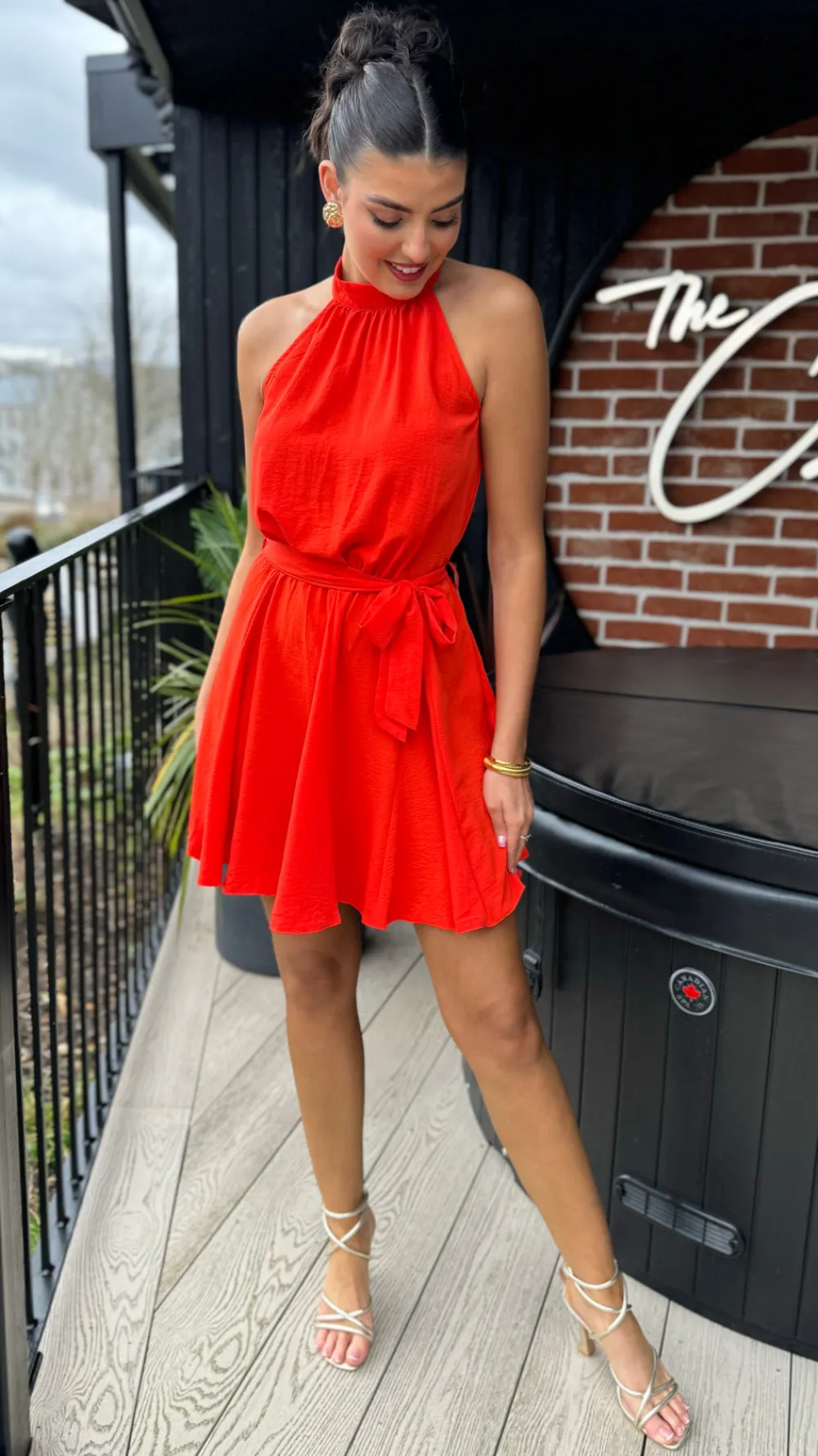 ciara_orange_halter_neck__2.webp AX PARIS Going Out Dresses | Occasion Dresses^Ciara Orange Halter Neck Tie Waist Skater Mini Dress