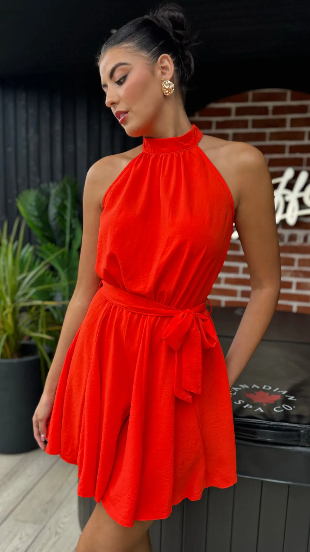 ciara_orange_halter_neck__3.webp AX PARIS Going Out Dresses | Occasion Dresses^Ciara Orange Halter Neck Tie Waist Skater Mini Dress