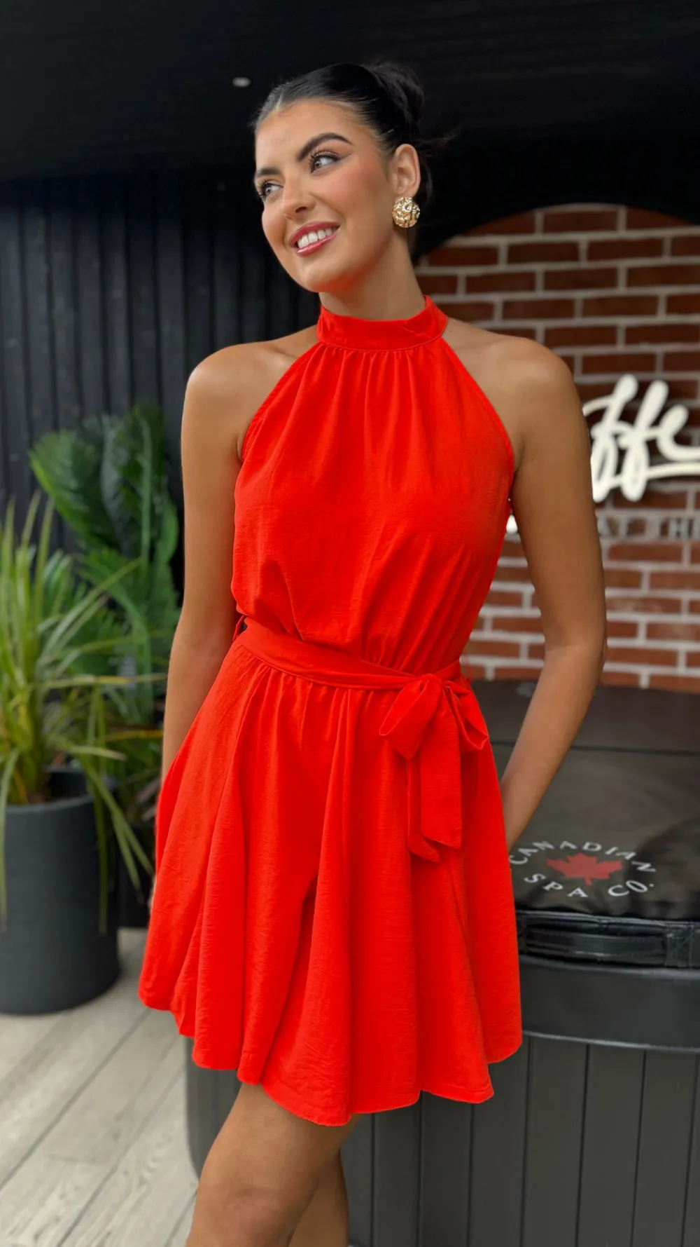 ciara_orange_halter_neck__4.webp AX PARIS Going Out Dresses | Occasion Dresses^Ciara Orange Halter Neck Tie Waist Skater Mini Dress