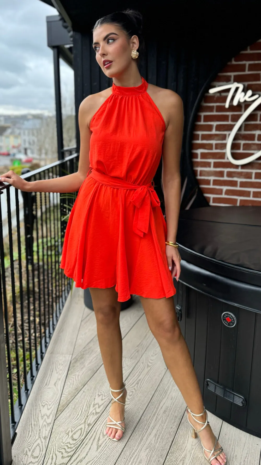 ciara_orange_halter_neck__6.webp AX PARIS Going Out Dresses | Occasion Dresses^Ciara Orange Halter Neck Tie Waist Skater Mini Dress