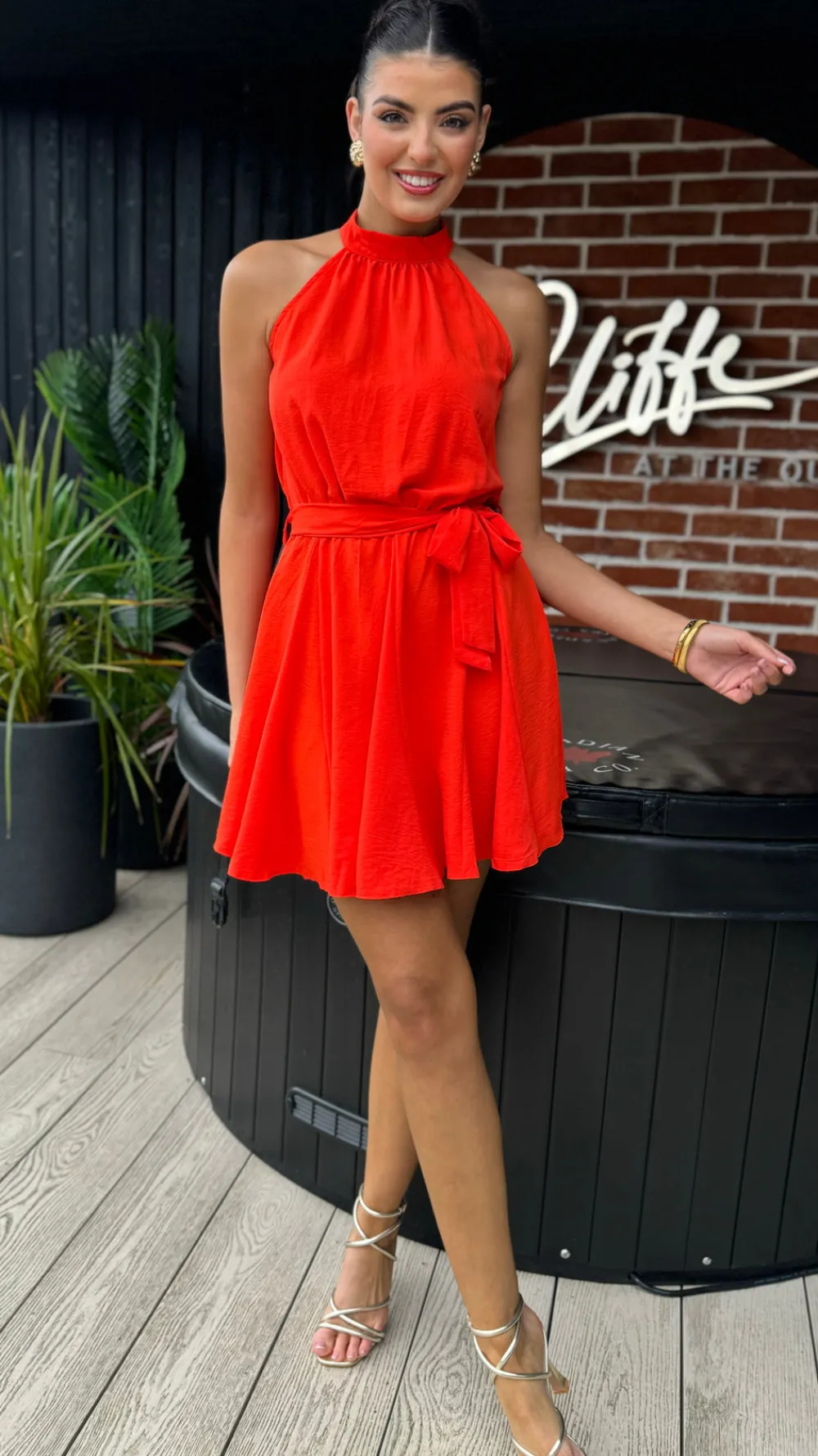 ciara_orange_halter_neck__7.webp AX PARIS Going Out Dresses | Occasion Dresses^Ciara Orange Halter Neck Tie Waist Skater Mini Dress