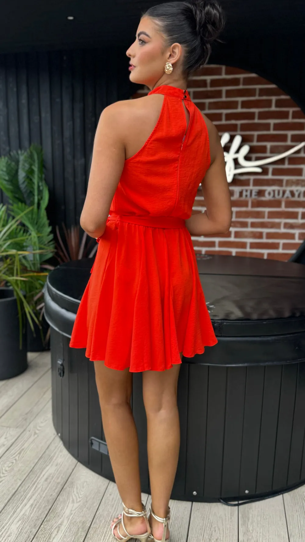 ciara_orange_halter_neck__8.webp AX PARIS Going Out Dresses | Occasion Dresses^Ciara Orange Halter Neck Tie Waist Skater Mini Dress