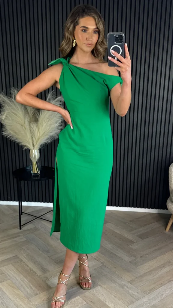 FP & CO Fitted Dresses | Going Out Dresses^Claudia Green Off Shoulder Tie Detail Midi Dress
