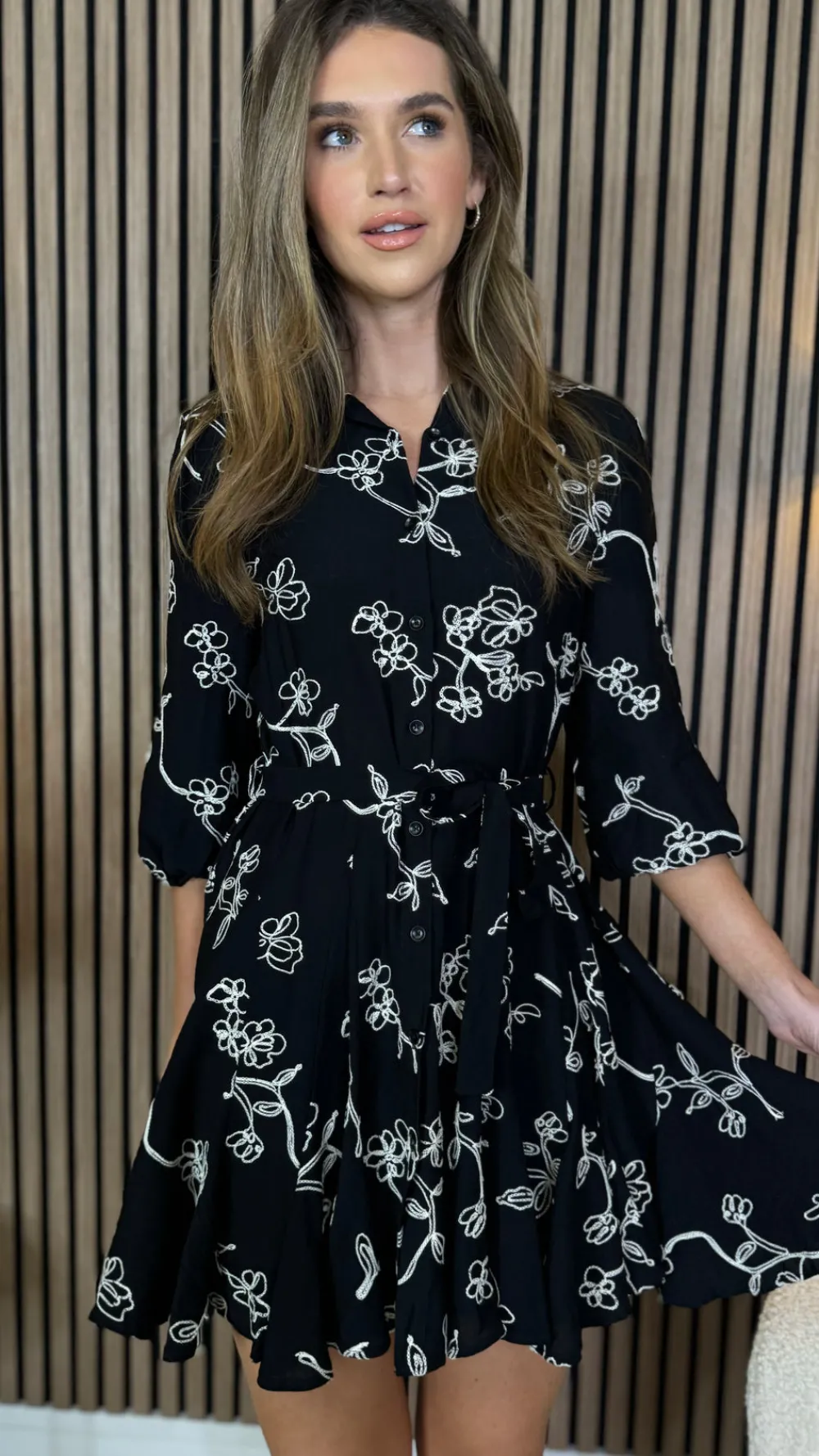 cleo_black_amp_white_flor_4.webp UNIKA Going Out Dresses | Mini Dresses^Cleo Black & White Floral Print Shirt Mini Dress