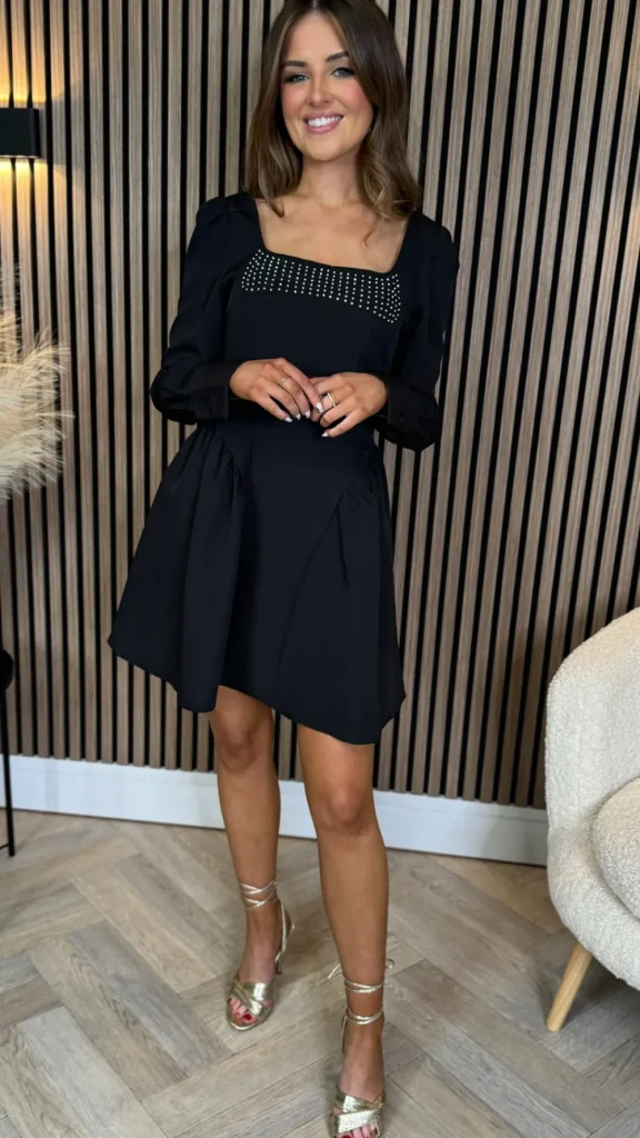 ALLYSON Fitted Dresses | Day Dresses^Clora Black Square Neck Embellished Detail Mini Skater Dress
