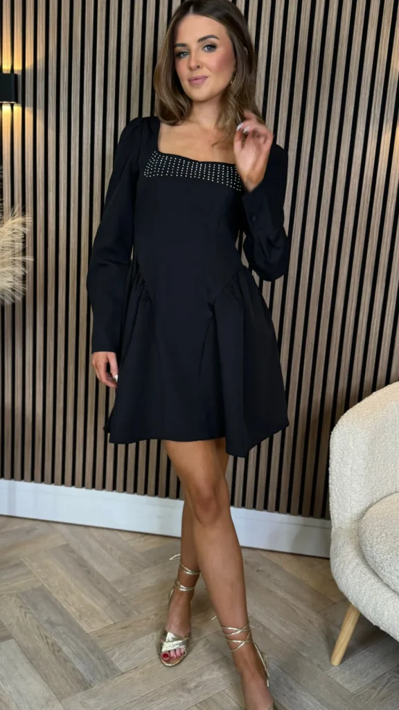 ALLYSON Fitted Dresses | Day Dresses^Clora Black Square Neck Embellished Detail Mini Skater Dress