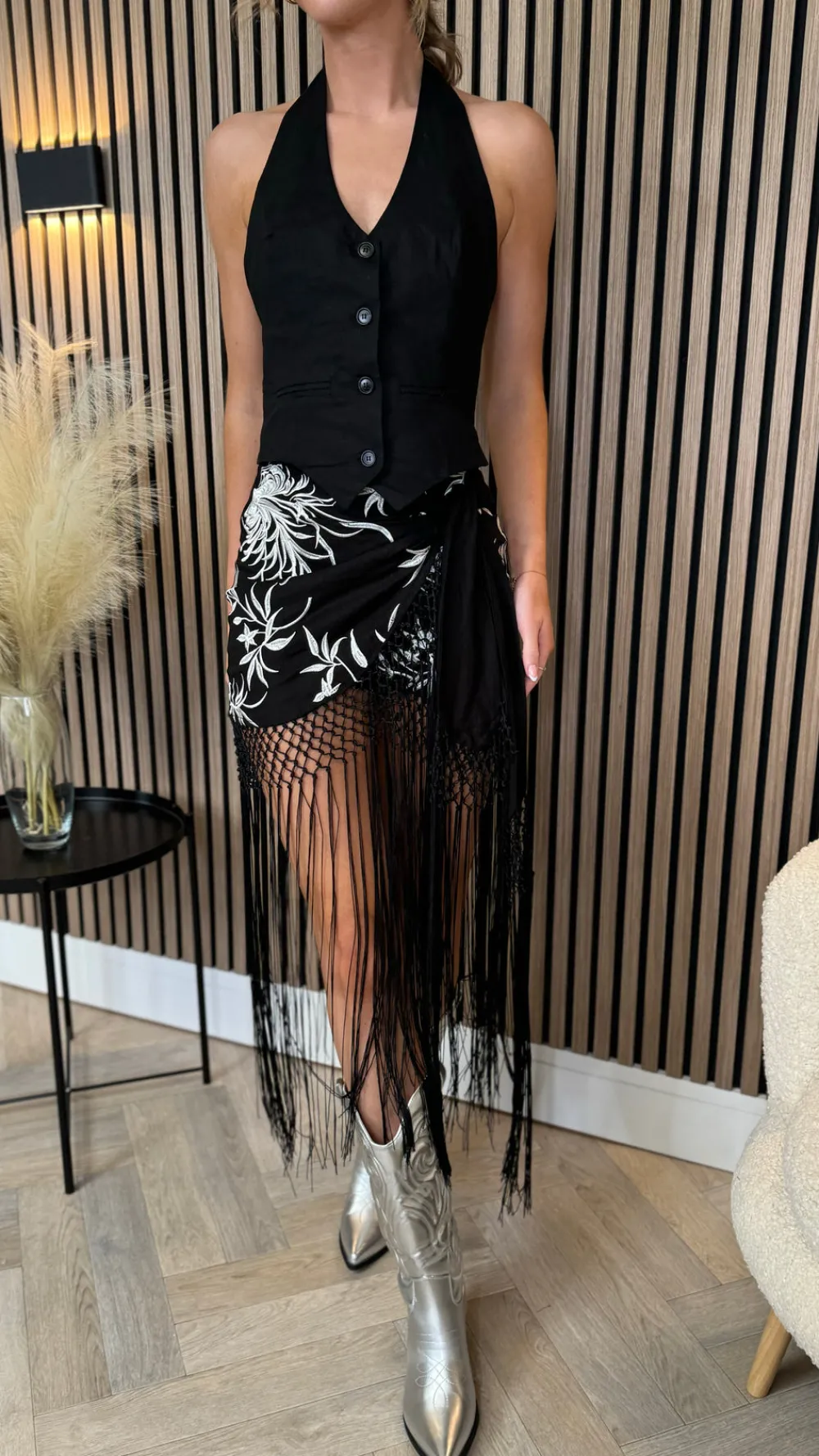 cordelia_black_amp_white__0.webp LILY ROSE BY FJ Skirts & Shorts^Cordelia Black & White Printed Fringed Midi Skirt