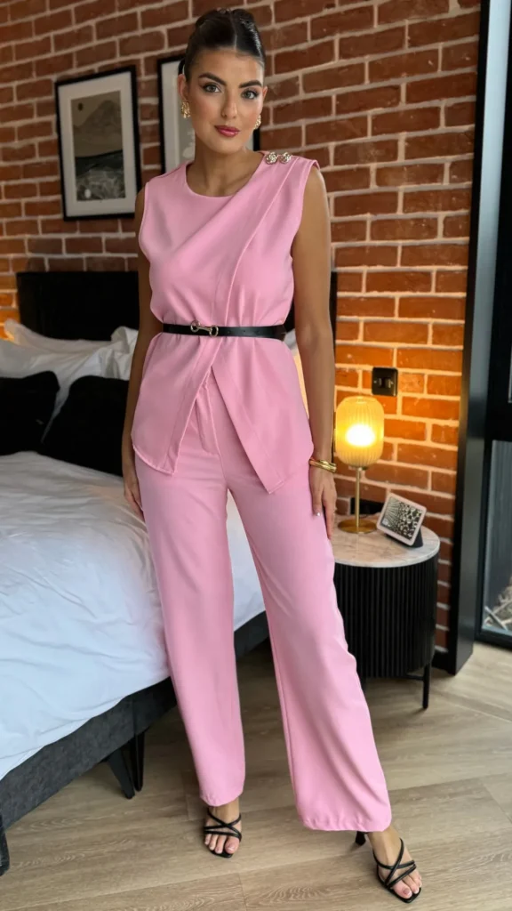 COPPEROSE Trousers | Co-ords^Corrine Pink Trousers & Button Detail Belted Top Co Ord