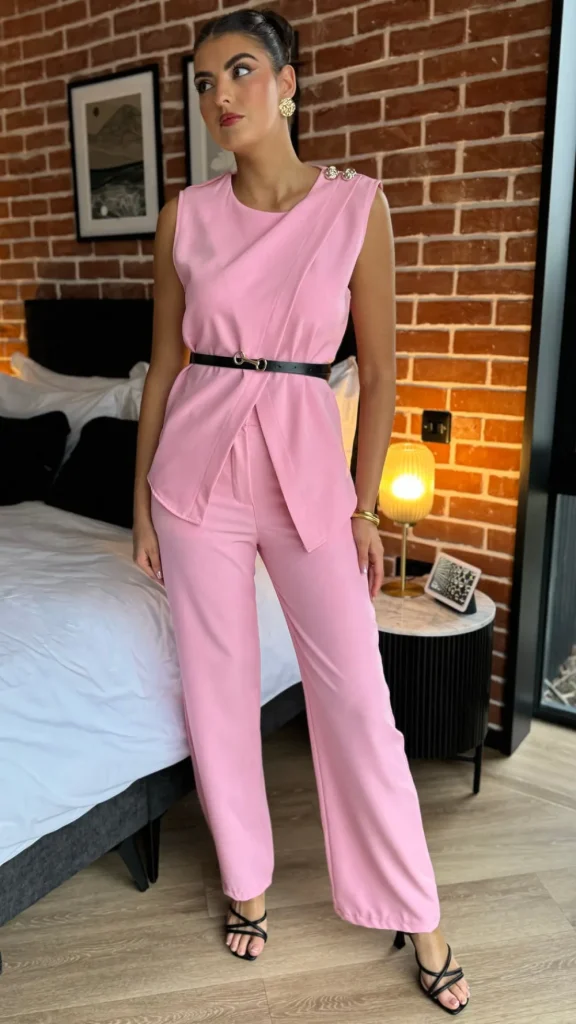 COPPEROSE Trousers | Co-ords^Corrine Pink Trousers & Button Detail Belted Top Co Ord