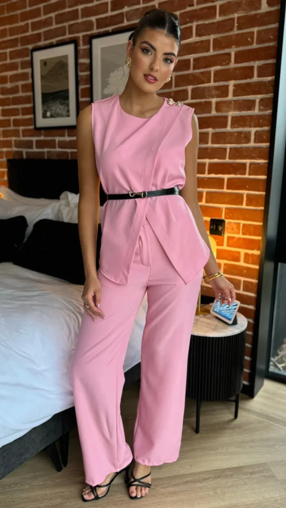COPPEROSE Trousers | Co-ords^Corrine Pink Trousers & Button Detail Belted Top Co Ord