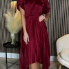 AX PARIS Going Out Dresses | Midi Dresses^Cressida Burgundy High Neck Puff Sleeve Pleated Midi Dress