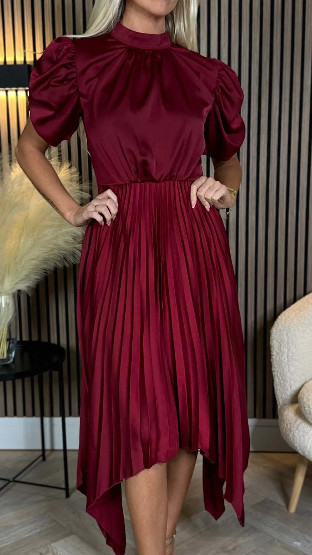 cressida_burgundy_high_ne_3.webp AX PARIS Going Out Dresses | Midi Dresses^Cressida Burgundy High Neck Puff Sleeve Pleated Midi Dress