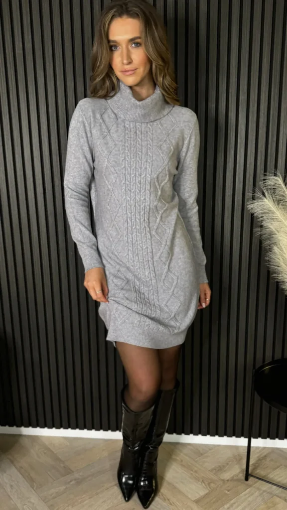 PARIS FASHION SHOPS Knitwear | Day Dresses^Croia Grey Cable Knit Polo Neck Jumper Mini Dress