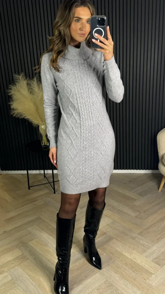PARIS FASHION SHOPS Knitwear | Day Dresses^Croia Grey Cable Knit Polo Neck Jumper Mini Dress