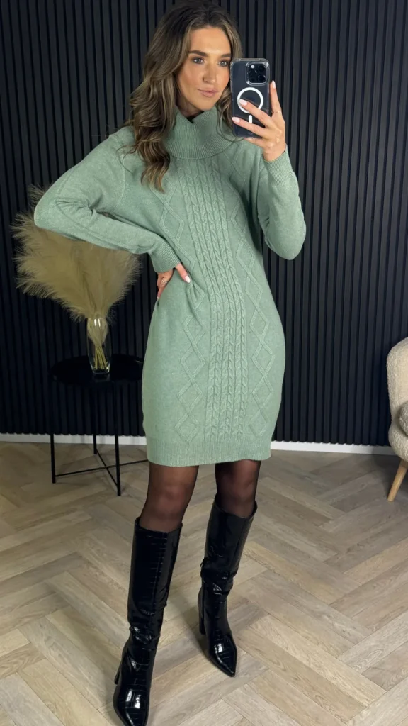 PARIS FASHION SHOPS Knitwear | Day Dresses^Croia Light Green Cable Knit Polo Neck Jumper Mini Dress