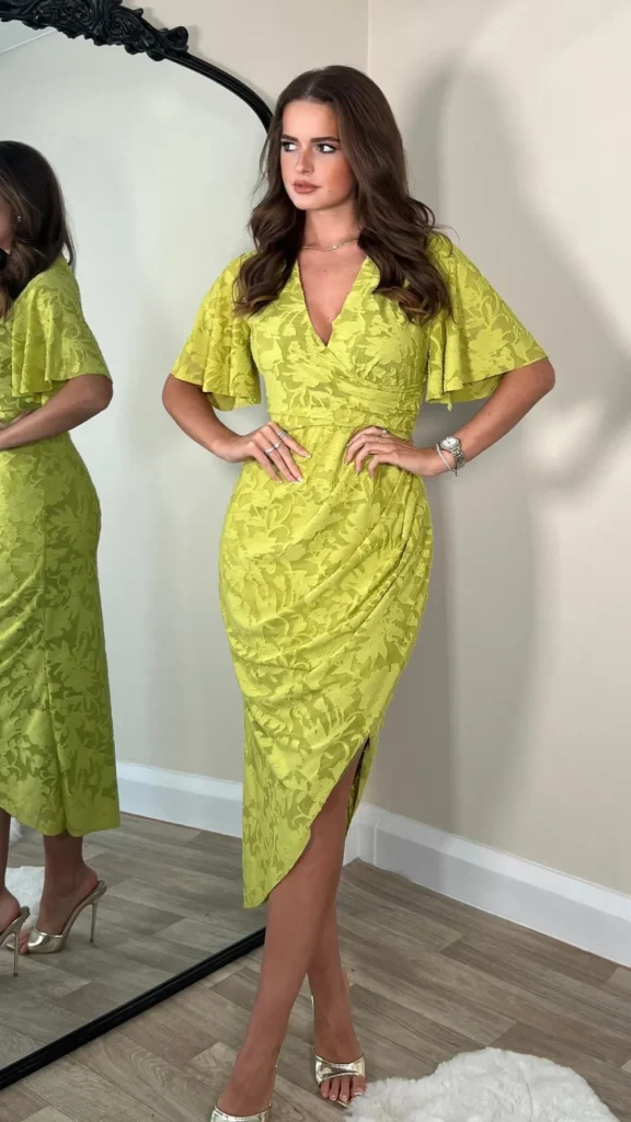 GIRL IN MIND Going Out Dresses | Occasion Dresses^Cyprian Lime Green Angel Sleeve Wrap Midi Dress