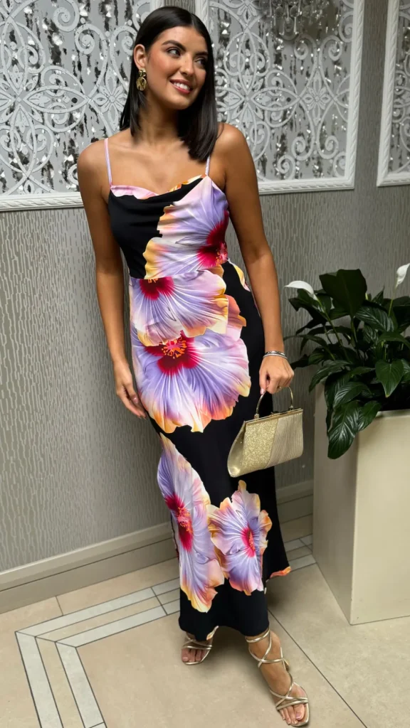 AX PARIS Going Out Dresses | Occasion Dresses^Dalkey Black & Lilac Floral Print Strappy Slip Midi Dress