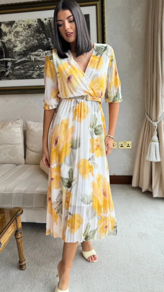 ELLE STYLE Going Out Dresses | Occasion Dresses^Daniela Lemon & Green Printed Belted Midi Dress