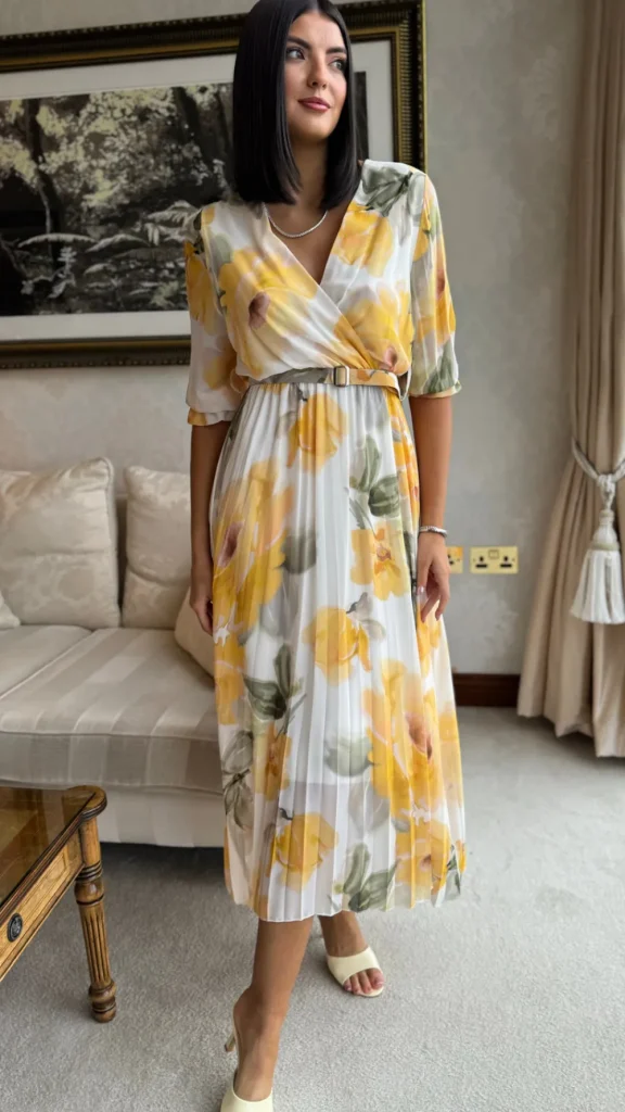 ELLE STYLE Going Out Dresses | Occasion Dresses^Daniela Lemon & Green Printed Belted Midi Dress