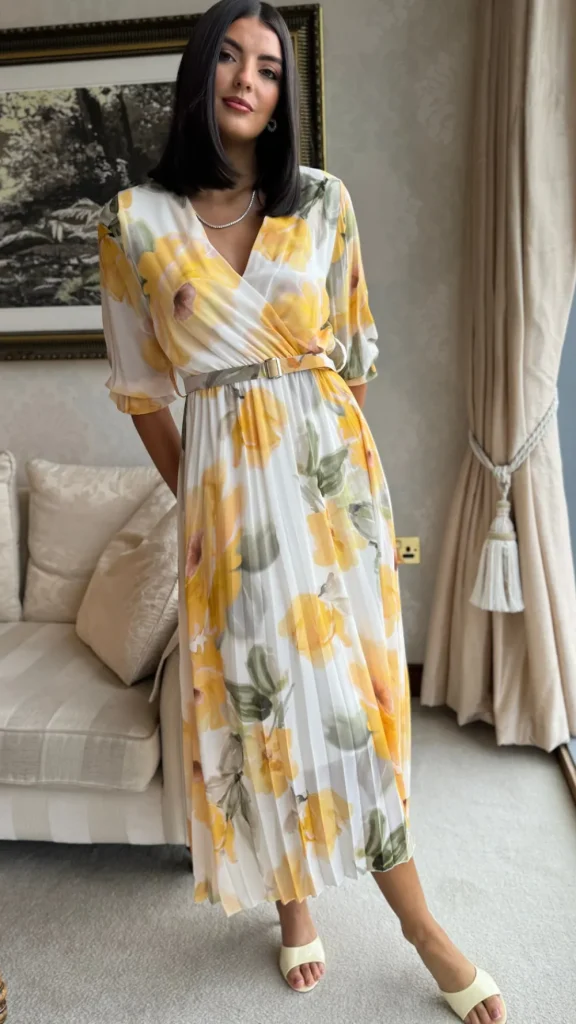 ELLE STYLE Going Out Dresses | Occasion Dresses^Daniela Lemon & Green Printed Belted Midi Dress