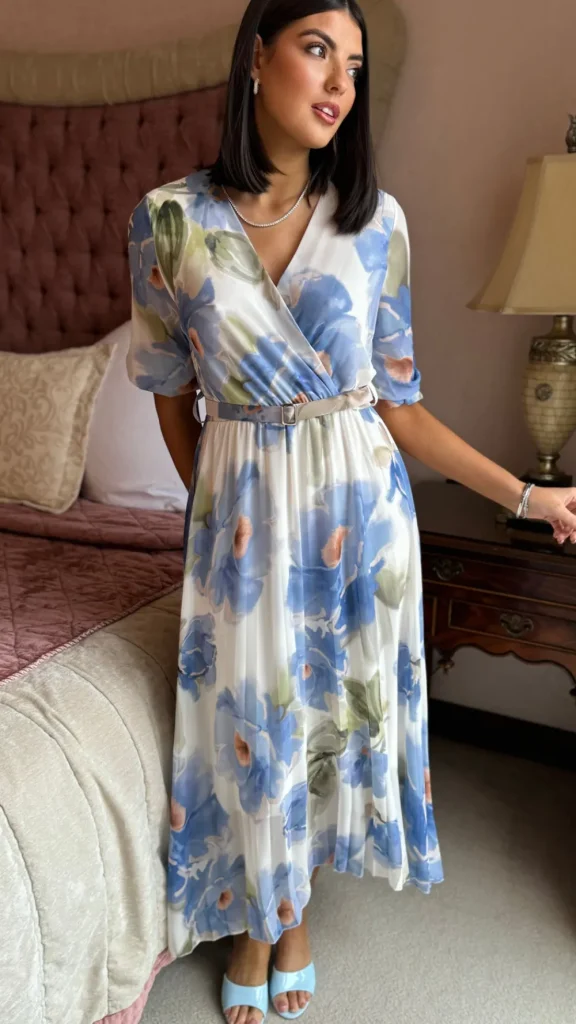 ELLE STYLE Going Out Dresses | Occasion Dresses^Daniela Light Blue & Green Printed Belted Midi Dress