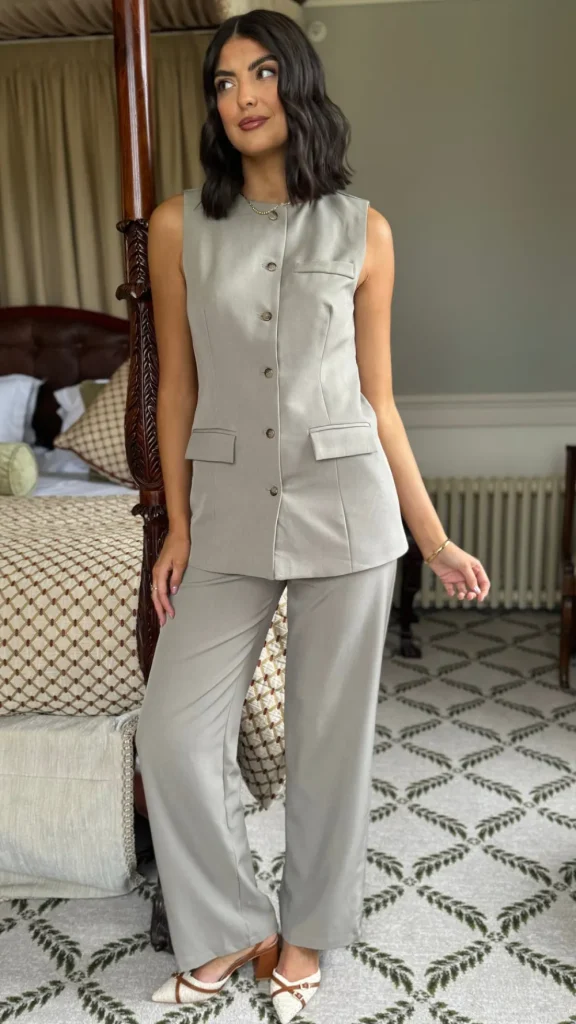 JCD KOOLOOK Co-ords^Danielle Taupe Straight Leg Trousers & Longline Waistcoat Co Ord