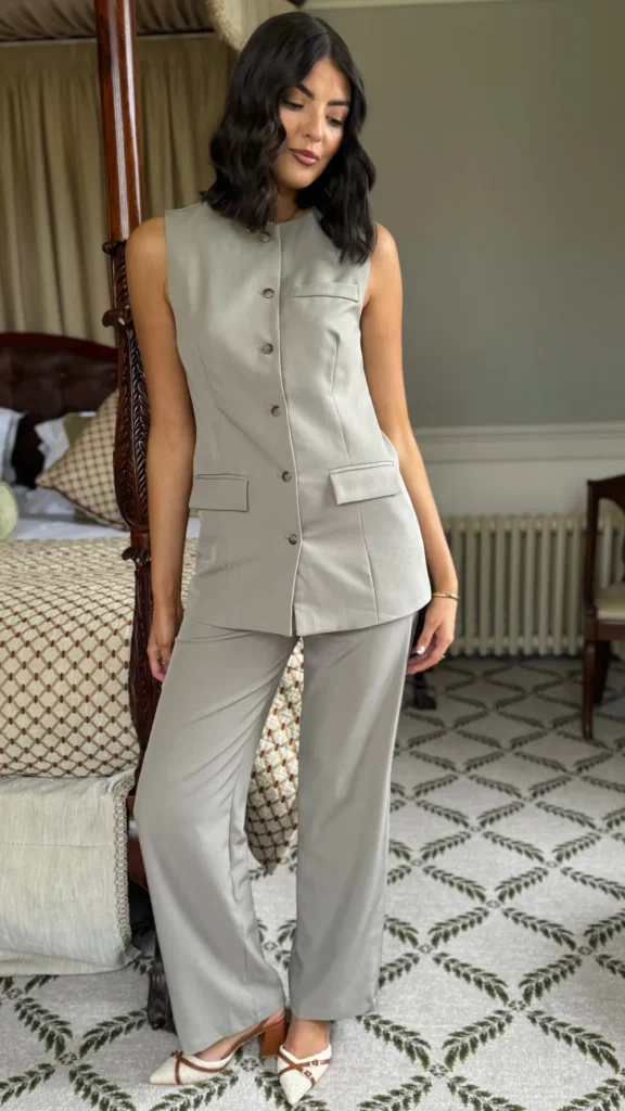 JCD KOOLOOK Co-ords^Danielle Taupe Straight Leg Trousers & Longline Waistcoat Co Ord