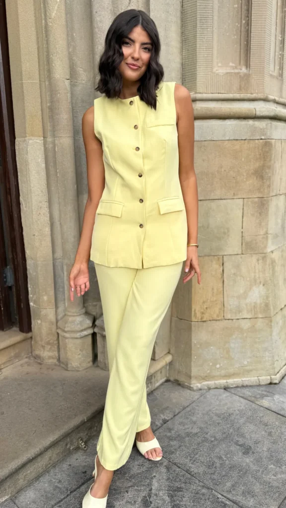 JCD KOOLOOK Co-ords^Danielle Yellow Straight Leg Trousers & Longline Waistcoat Co Ord