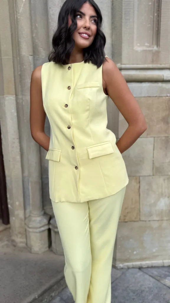 JCD KOOLOOK Co-ords^Danielle Yellow Straight Leg Trousers & Longline Waistcoat Co Ord