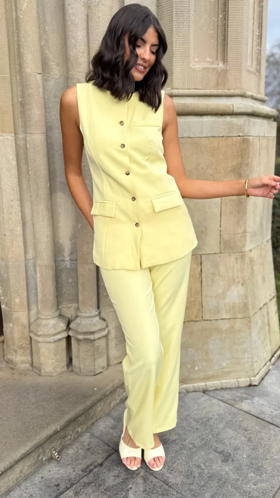 JCD KOOLOOK Co-ords^Danielle Yellow Straight Leg Trousers & Longline Waistcoat Co Ord