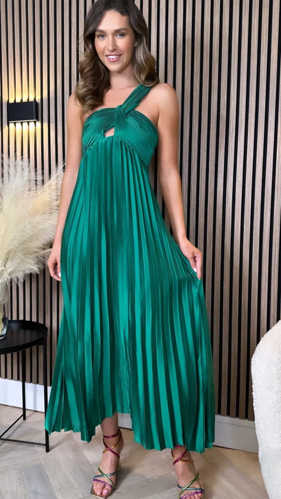 LORIANE Going Out Dresses | Occasion Dresses^Danni Forest Green One Shoulder Knot Detail Cut Out Pleated Midi Dress