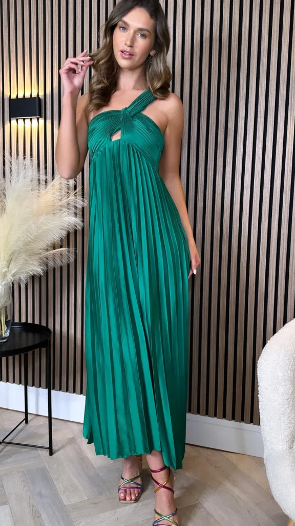 LORIANE Going Out Dresses | Occasion Dresses^Danni Forest Green One Shoulder Knot Detail Cut Out Pleated Midi Dress