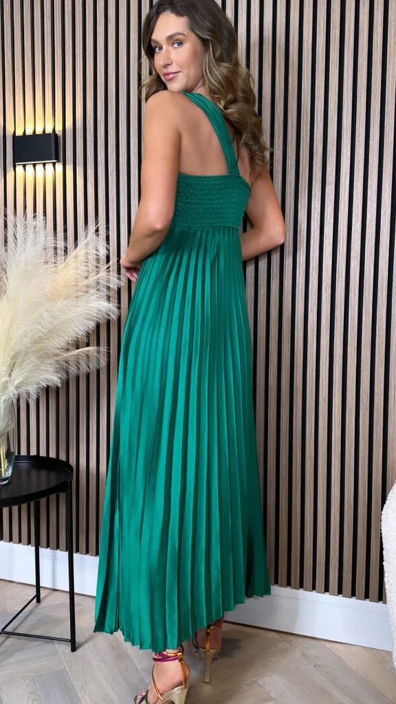 LORIANE Going Out Dresses | Occasion Dresses^Danni Forest Green One Shoulder Knot Detail Cut Out Pleated Midi Dress