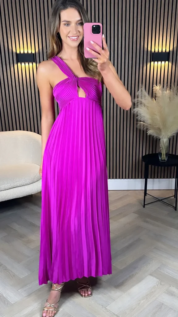 LORIANE Going Out Dresses | Occasion Dresses^Danni Magenta One Shoulder Knot Detail Cut Out Pleated Midi Dress