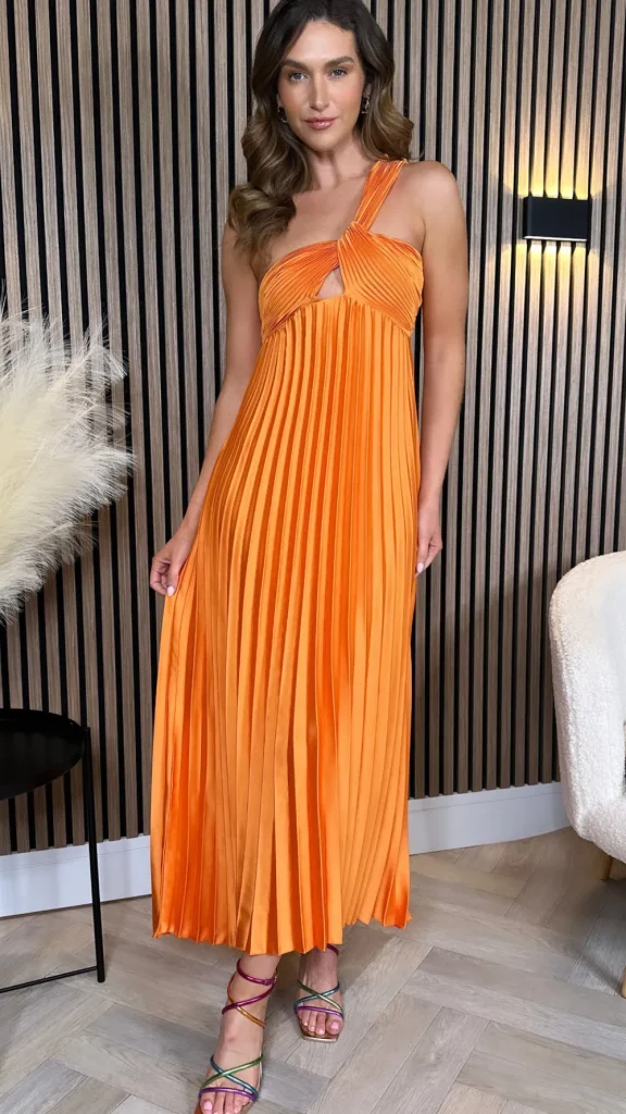 LORIANE Going Out Dresses | Occasion Dresses^Danni Orange One Shoulder Knot Detail Cut Out Pleated Midi Dress