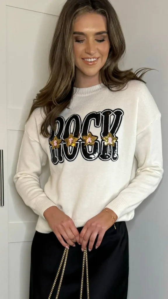 SO TWICE Knitwear^Darina Cream 'ROCK' Sequin Slogan Jumper