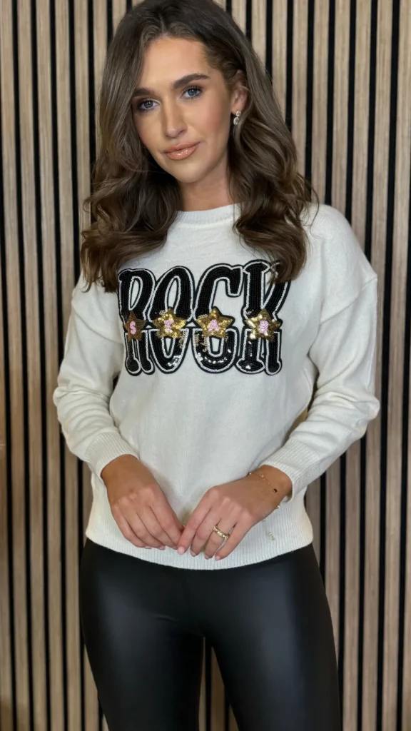 SO TWICE Knitwear^Darina Cream 'ROCK' Sequin Slogan Jumper