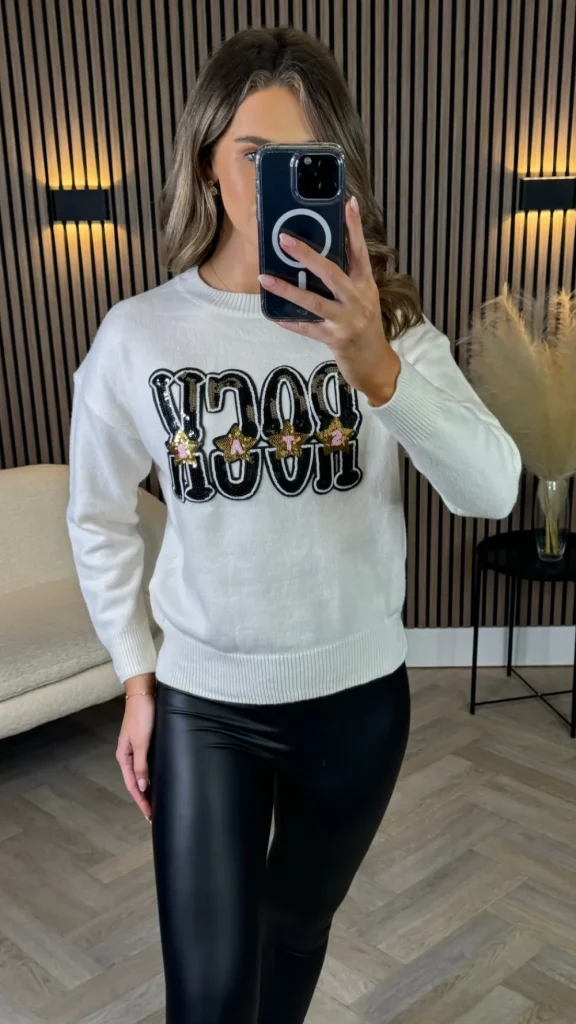 SO TWICE Knitwear^Darina Cream 'ROCK' Sequin Slogan Jumper