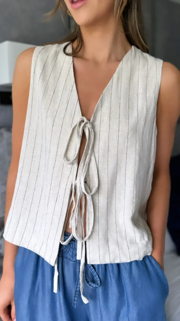 ELENZA Tops^Davina Beige Pinstripe Tie Detail Waistcoat