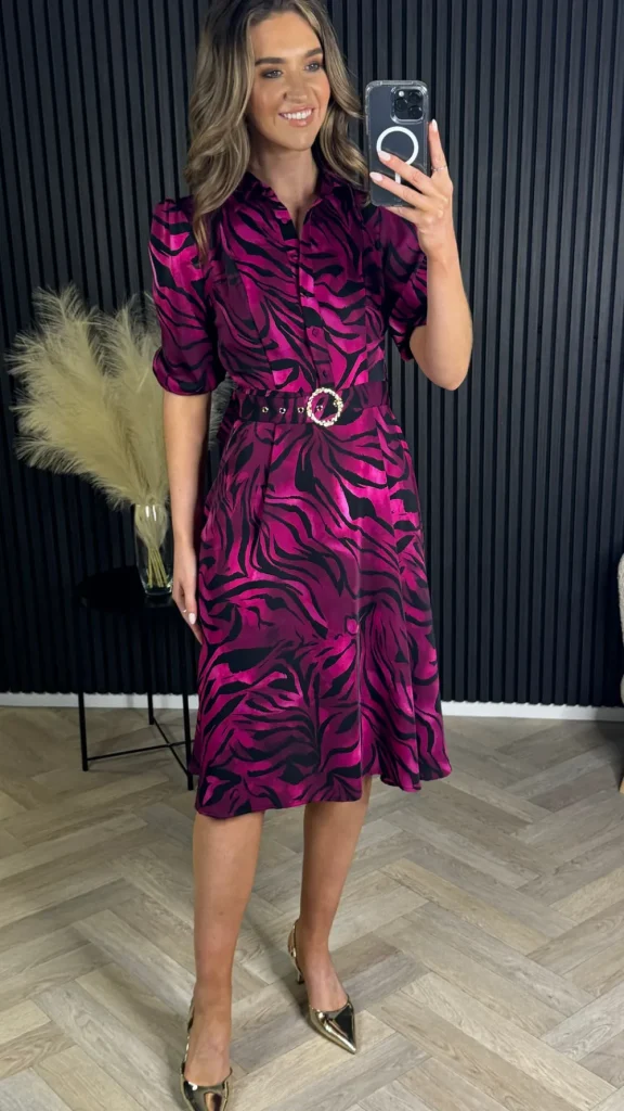 GIRL IN MIND Going Out Dresses | Occasion Dresses^Dervla Pink & Black Leopard Print Collared Midi Dress