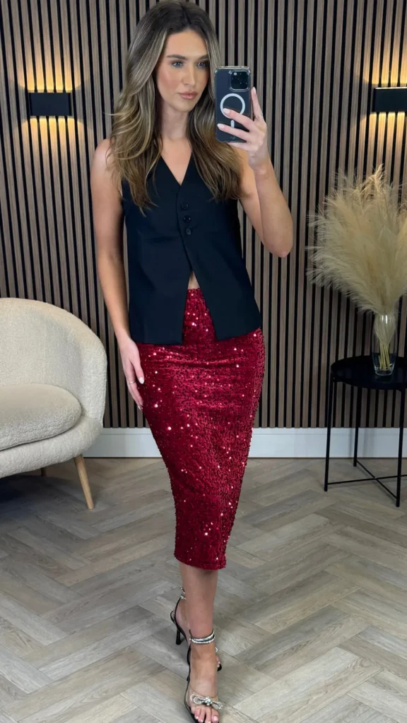 LORIANE Skirts & Shorts^Dervla Red Sequin Midi Skirt