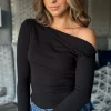 ELENZA Tops^Diana Black Asymmetric Neck Long Sleeve Top