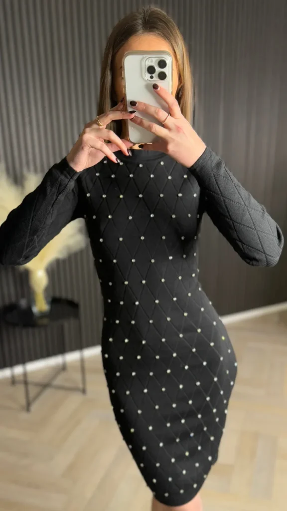 PARIS FASHION SHOPS Mini Dresses^Donnie Black Knit Mini Dress Decorated With Rhinestones