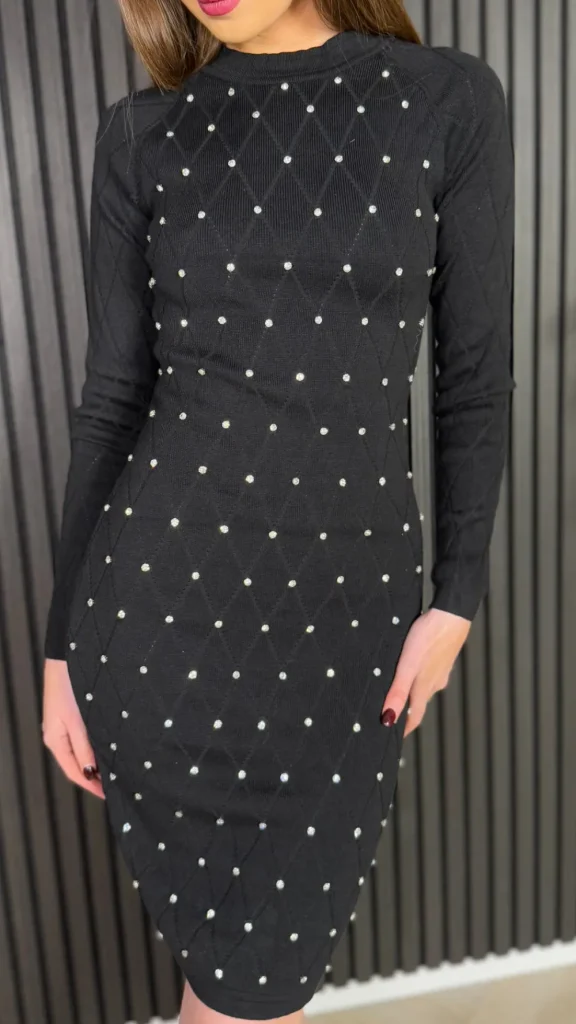 PARIS FASHION SHOPS Mini Dresses^Donnie Black Knit Mini Dress Decorated With Rhinestones