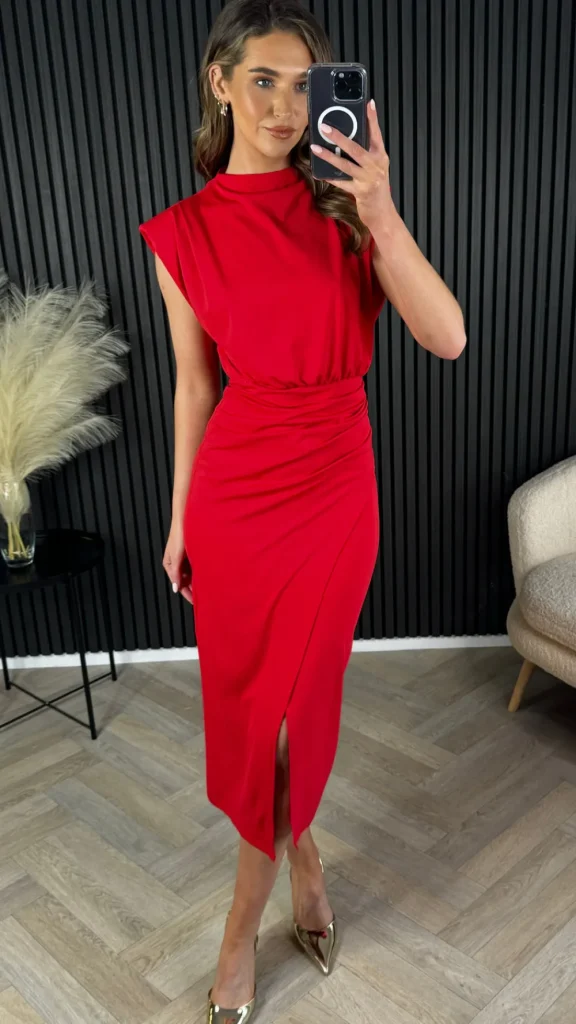 COPPEROSE Going Out Dresses | Occasion Dresses^Doreen Red High Neck Wrap Style Midi Dress