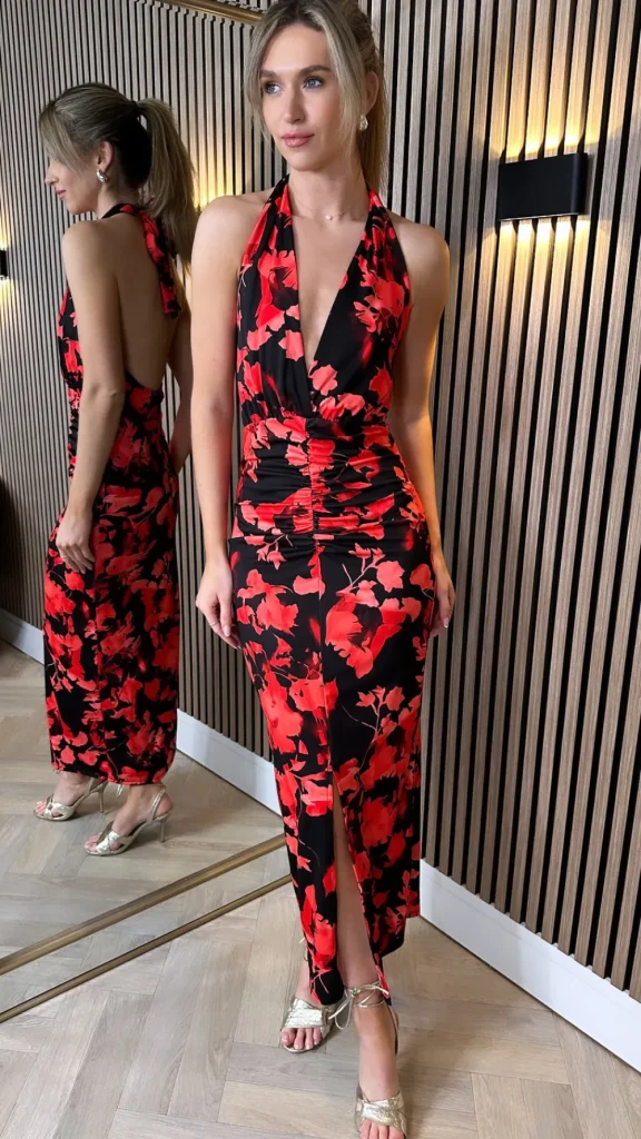 COPPEROSE Going Out Dresses | Occasion Dresses^Dorothy Black & Coral Printed Halterneck Midi Dress